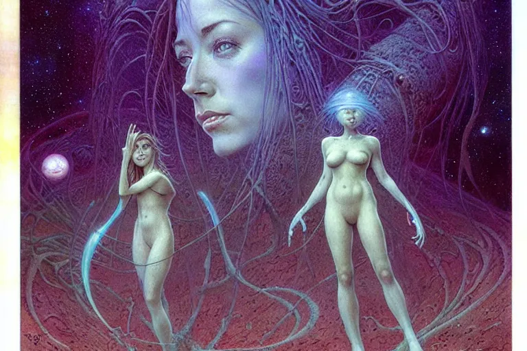 Image similar to cute young alyson hannigan with short hairs on lovecraftian planet by jean delville by luis royo and wayne barlowe, beksinski