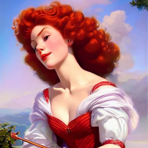 Prompt: portrait of Princess Merida, dreamy and ethereal, expressive pose, peaceful expression, elegant, highly detailed, digital painting, artstation, concept art, smooth, sharp focus, by gil elvgren