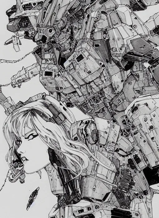 Prompt: gundam by kaethe butcher and moebius, details