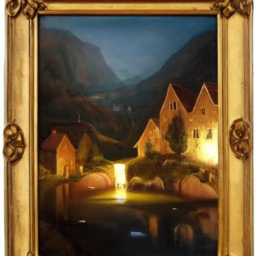 Image similar to a lamplit village on the coast of a lake, deep underground oil on canvas