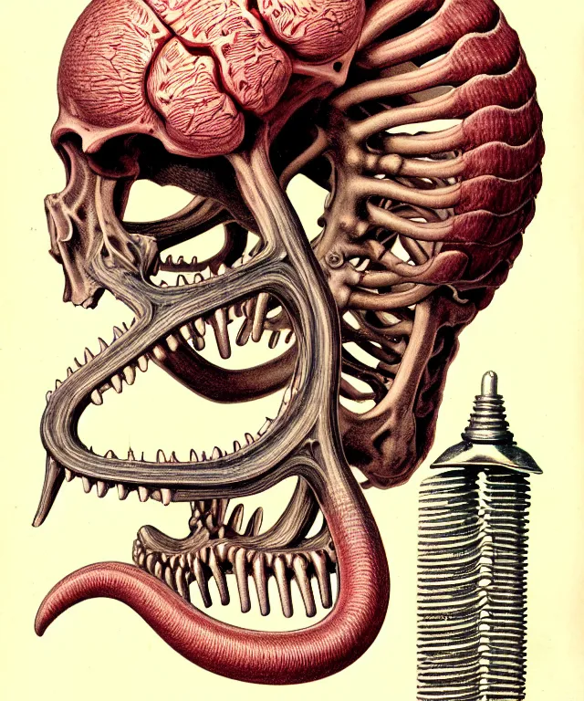 Prompt: hyper-detailed vintage color pencil antique medical illustration of Kaiju head cross-section, nautilus brain, ribcage, xhenomorph, with tentacles coming out of open mouth and exposed jaw bone, spinal column, cerebral corpus callosum, interventricular foramen, symmetrical