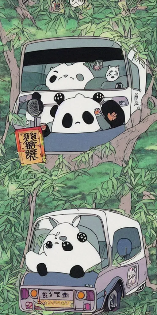 Image similar to a panda bus in like totoro, 1990s anime, full color, tarot card the chariot, highly detailed ,