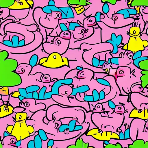 Prompt: cartoon character pink duck fighting the army of cats, in shopping center, comics, kids drawing style