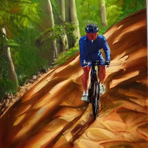 Prompt: man biking up a steep forest hill, sweaty. Oil painting. Emotional. Steep. Trees