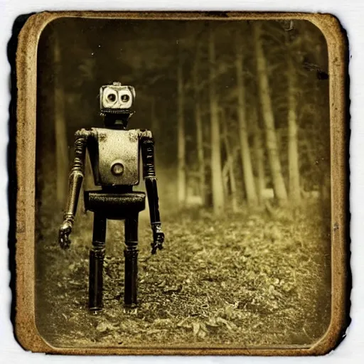 Prompt: “Early 1900s daguerreotype, robot zombie with a glass skullcap in the forest, hyper realistic, by Steven Rhodes, shallow depth of field, sepia, eerie, macabre, scratches and burns on film, horror, cinematic, photorealistic, highly detailed”