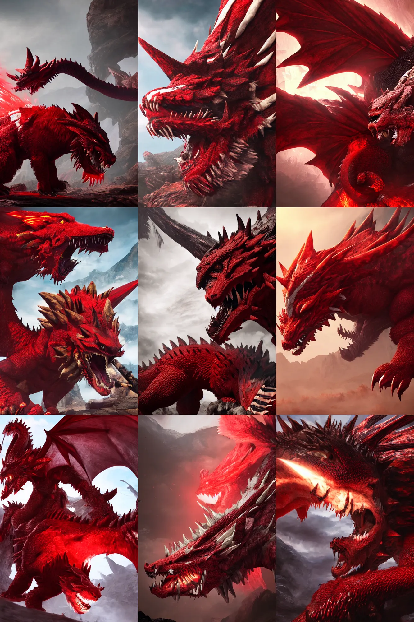 Prompt: Crimson red dragon bear with white stripes, Monster Hunter, CAPCOM, HD, trending on artstation, D&D, Dark Fantasy, Epic Fantasy, Dragon's Dogma, unreal engine, octane render, hyper detailed, cinematic lighting, vivid colors