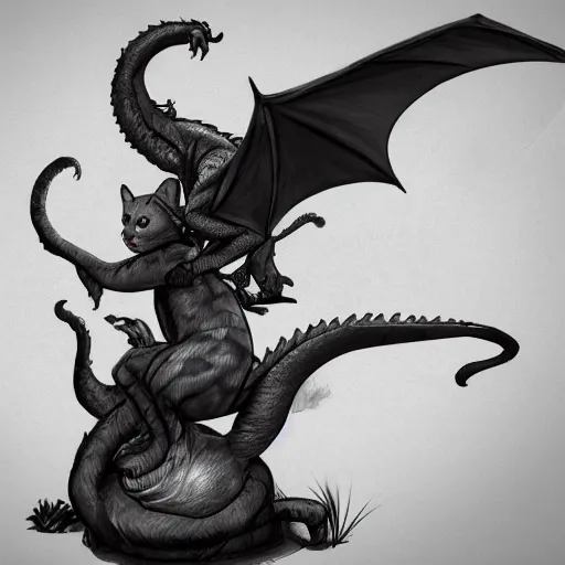 Prompt: Cat riding on the back of a huge dragon, Trending on Artstation, detailed