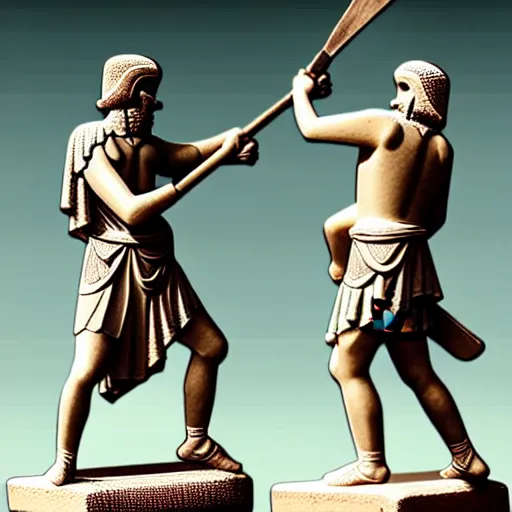 Image similar to greek warriors fighting, against ducks!!!, ancient greek statue, epic, detailled