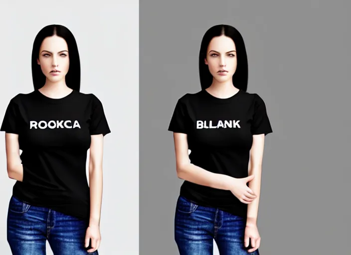 Prompt: clear photorealistic mockup product photograph of a blank black tshirt on an attractive female model in front of a livingroom!! background