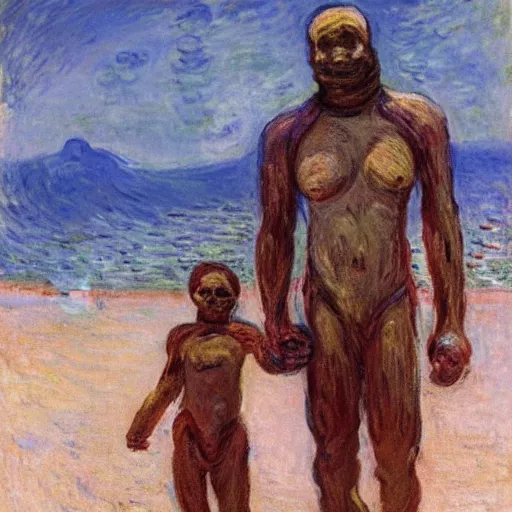 Prompt: a mummy and a werewold holding hands on ipanema beach by monet