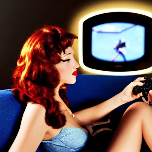 Image similar to a pin up woman playing a videogame, front view, dark lighting, couch, control, photo