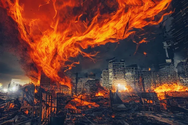 Image similar to destructive fire tornado in the city, photorealistic, highly detailed, sharp focus, vivid, colorful, symmetrical, random, convoluted, mind - blowing, creative, fully functional, end of the world, physics defying