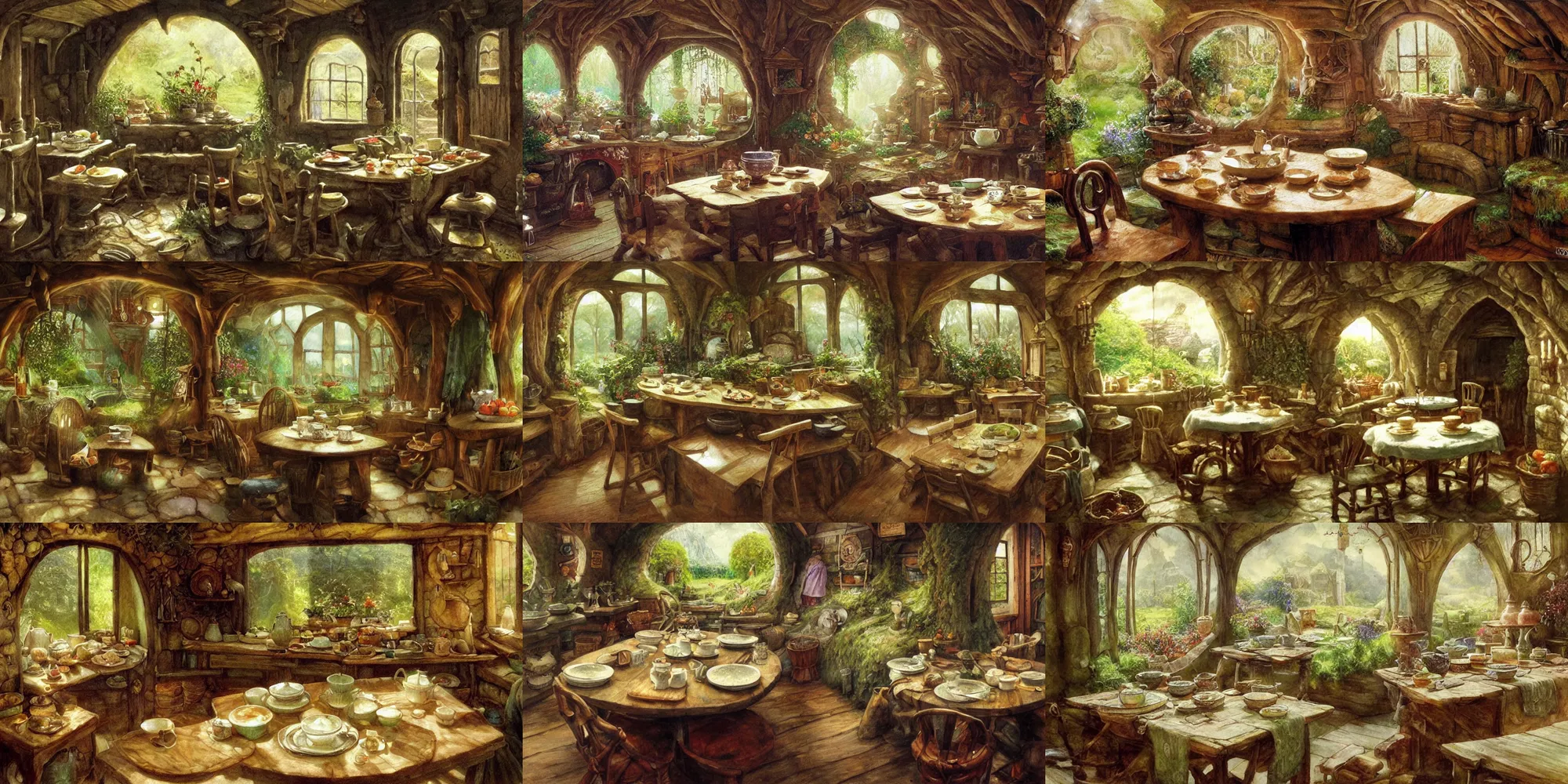 Prompt: interior of a hobbit hole, table set for second breakfast, steaming teacups and pies cover the table, by alan lee, art station, dust flickers in beams of light from the windows, finely detailed furniture, warm colors, flowers and greenery outside, oil painting