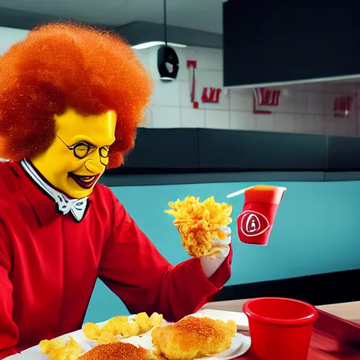 Prompt: A still of Ronald McDonald eating at KFC, 4k, photograph, ultra realistic, highly detailed, studio lighting