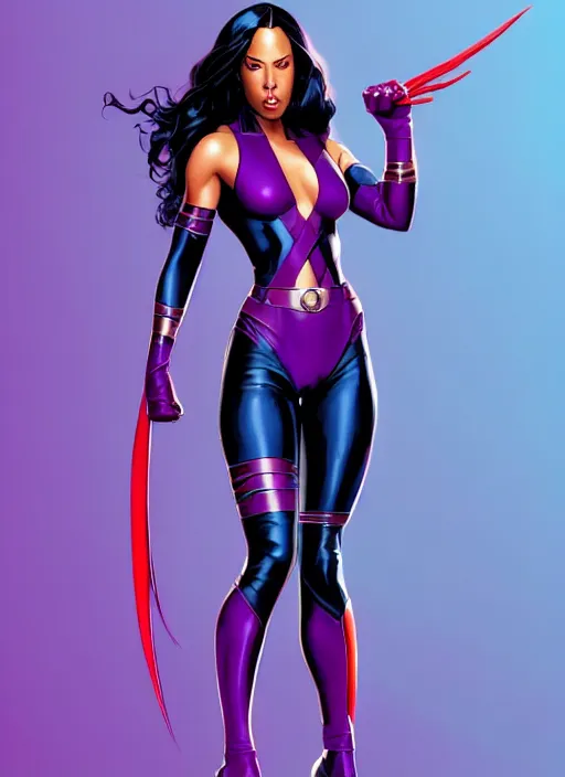 Image similar to full body portrait of marvel cinematic universe aaliyah haughton, x - men, psylocke, x - men apocalypse, elegant, super hero, purple outfit, highly detailed!! digital painting, artstation, glamor pose, concept art, sharp focus, illustration, art by artgerm and greg rutkowski, artey freytag