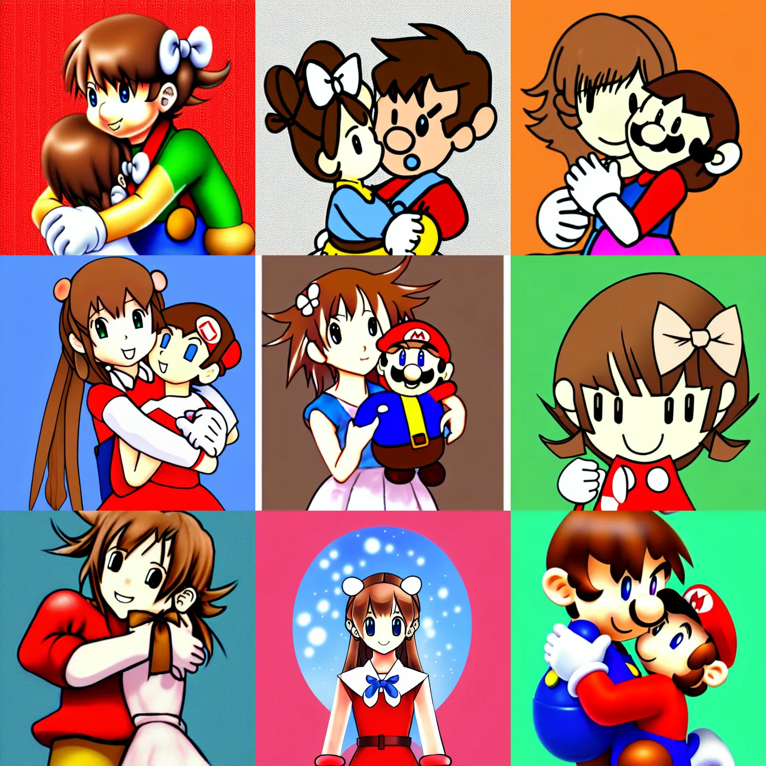 Prompt: cute light - brown haired anime girl with a bow in her hair hugging super mario, amateur digital art