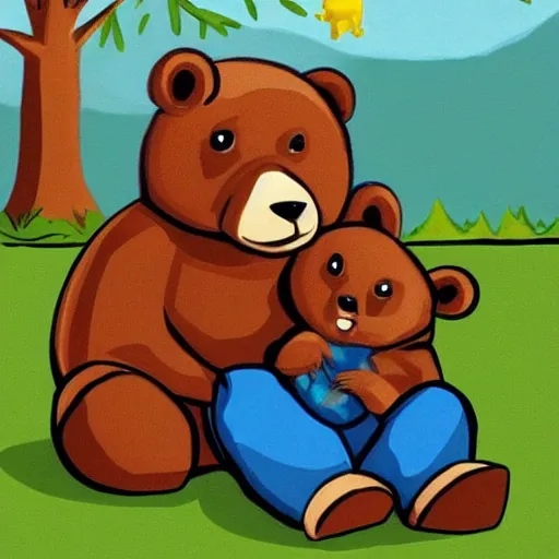 Image similar to bear playing with a baby human doll. cartoon. digital art. high quality. high fidelity