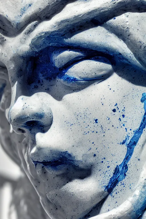 Prompt: dripping blue paint across a white marble sculpture of a greek god, realistic, dslr photograph