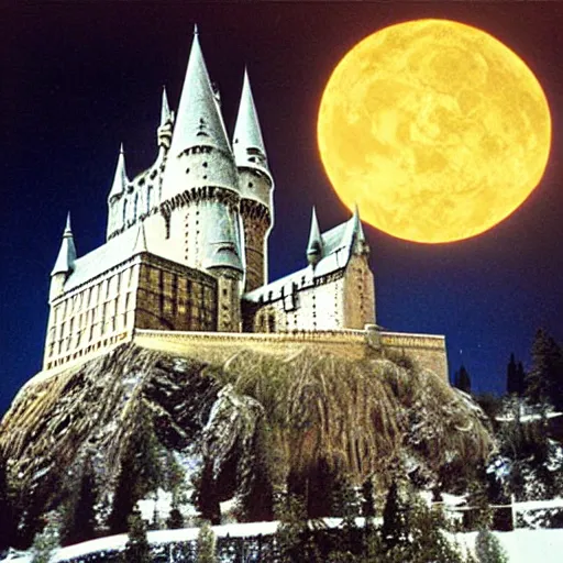 Image similar to 1 9 9 0 s photograph of hogwarts castle at nighttime, snow covered, womping willow is visible.