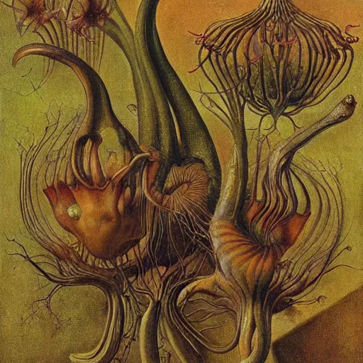 Image similar to carnivorous plants, by Odd Nerdrum, by Ernst Haeckel, by M.C. Escher, beautiful, eerie, surreal, colorful