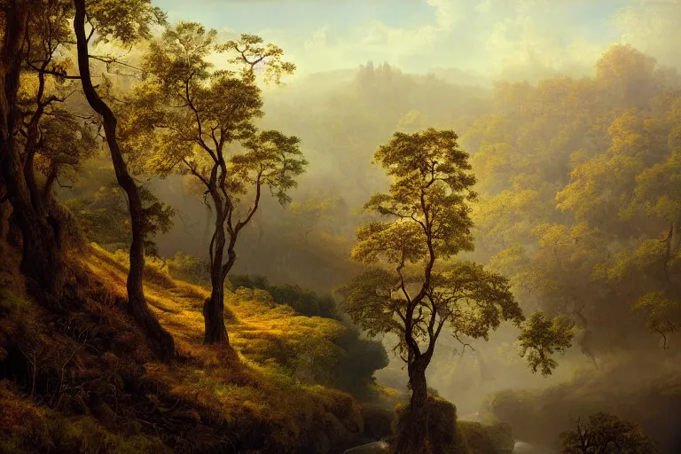 Prompt: masterpiece painting of oak trees on a hillside overlooking a creek, dramatic lighting, by andreas franke