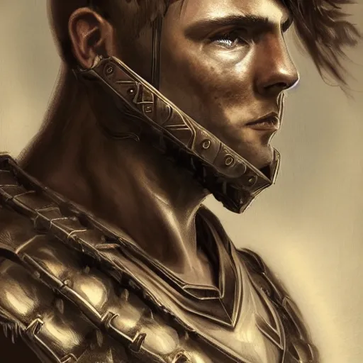 Prompt: realistic portrait, 30 year old man :: athletic, metal cuirass, majestic, authority :: high detail, digital art, RPG, concept art, illustration