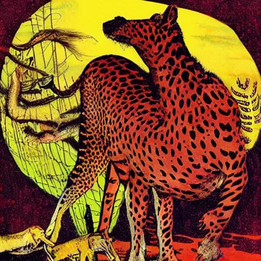 Prompt: animal print pattern world, animals dancing around a fire, post apocalyptic future, comic style, artwork by jack Gaughan + roger dean + robert Kirkman