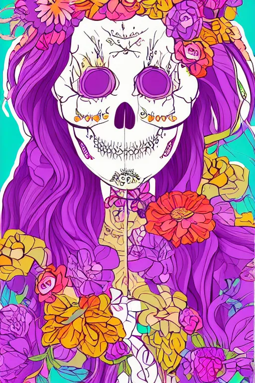 Image similar to portrait of a flower skeletor girl, art by milka oxana, sticker, colorful, illustration, highly detailed, simple, smooth and clean vector curves, no jagged lines, vector art, smooth