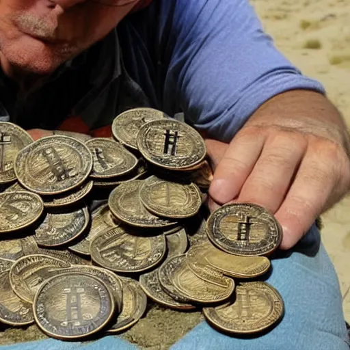 Image similar to a photograph of an archaeologist posing with ancient uncovered bitcoin coins