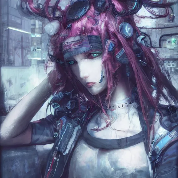 Image similar to cybergoth, tankoban, 4 k, tone mapping, akihiko yoshida, james jean andrei riabovitchev marc simonetti, yoshitaka amano, long hair, curly, h. hydrochaeri