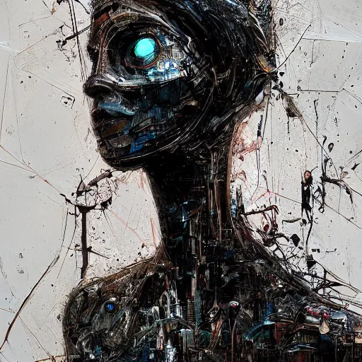 Prompt: human 3 d by woo, beautiful woman head made of mech mask rendered in unreal engine, cyberpunk, dark, scifi, painted by david burliuk | bernard buffet | carne griffiths | stanislaw lem