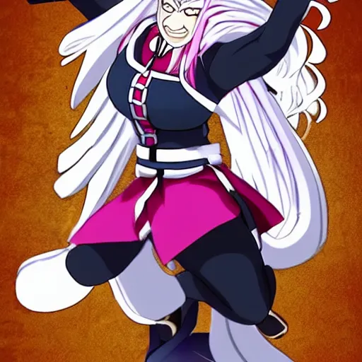 Image similar to sakura ogami from danganronpa, a female japanese gigachad with long white hair, lots of muscles, a feminine dress, and angular features