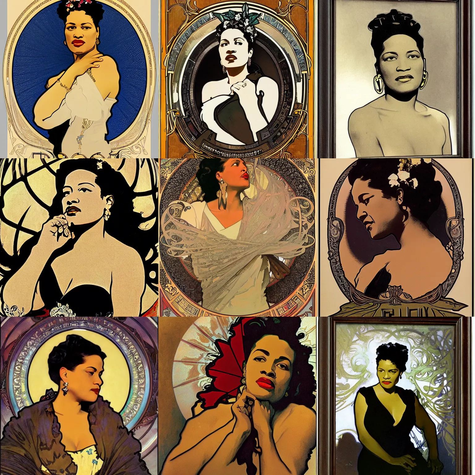 Prompt: Official portrait of billie holiday by Alphonse Mucha, masterpiece