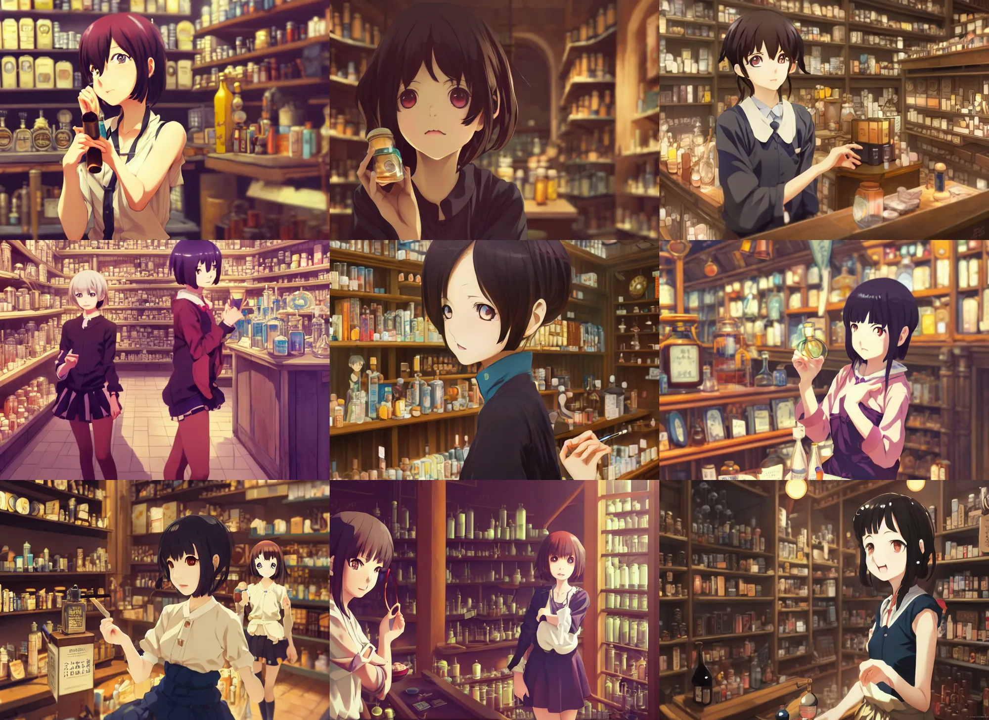 Prompt: anime frames, portrait of a young female traveler in a alchemist's potion shop interior shopping, cute face by ilya kuvshinov, makoto shinkai, dynamic perspective pose, detailed mouth and eyes, lomography, hdr, sharp focus, yoh yoshinari