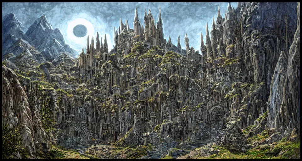 Image similar to Masterfully drawn mspaint art piece of middle-earth's 'Mines of Moria' by James Gurney. Amazing beautiful incredible wow awe-inspiring fantastic masterpiece gorgeous fascinating glorious great.