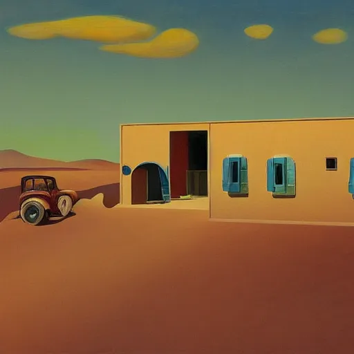 Image similar to motel in a desert Tatooine landscape, a woman, painted by François Roca and Edward Hopper, airbrush, highly detailed