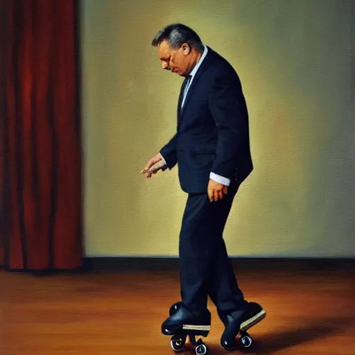 Prompt: viktor orban putting on rollerskates, oil painting