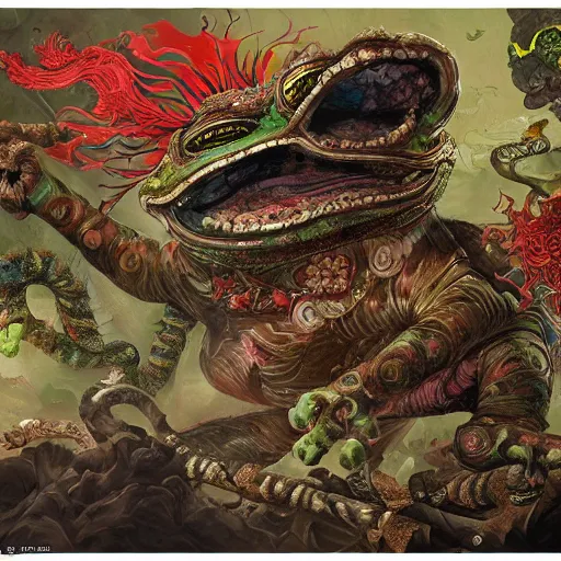 Prompt: a hyperdetailed design of pepe the frog, ferocious, chinese mythology, victo nga, fumo yoshitoshi, ren jing jeong, feifei ruan, peter mohrbacher,, biomehieronymus spang, arunanondchai, murals, veileducationary, esllection, digital art