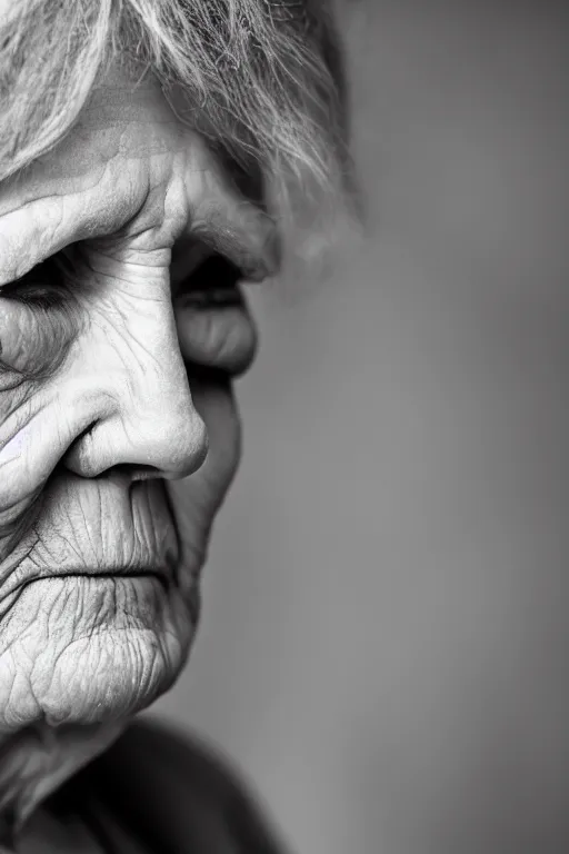 Image similar to older woman ( ( ( ( ( wrinkled ) ) ) ) ) wistful expression european sigma 1 0 5 mm f 2. 8 outdoors