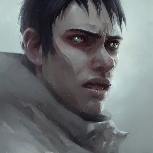 Prompt: portrait of a man by greg rutkowski, eren jaeger from attack on titan, he has about 2 0 years old, highly detailed portrait, digital painting, artstation, concept art, smooth, sharp foccus ilustration, artstation hq