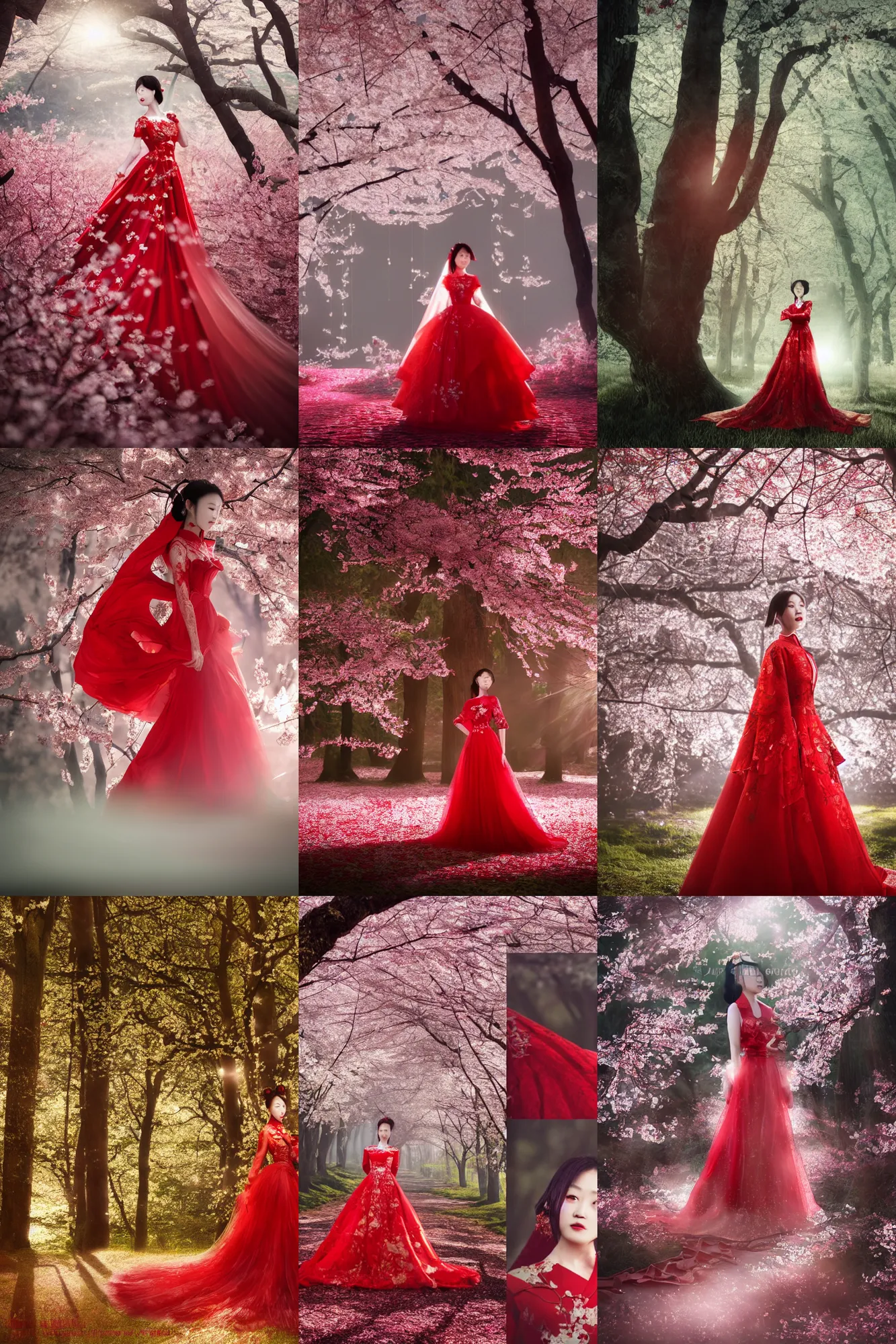 Prompt: chinese women, red wedding dress, portrait, in a cherry blossom forest, fantasy character, realistic, photographic, cinematic lighting, dappled sunshine, volumetric rays, octane render