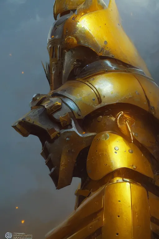 Image similar to A closeup of a yellow holy knight by Greg Rutkowski, Dan Mumford, Christophe Vacher, 4k photorealistic, volumetric lighting, HD, high details, dramatic, trending on artstation