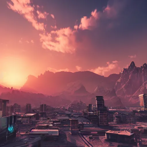 Image similar to beautiful sunset over detailed cyberpunk suburb in a valley surrounded by epic mountains with snowtops, sharp, highly detailed, hyperrealistic, 4 k, - i