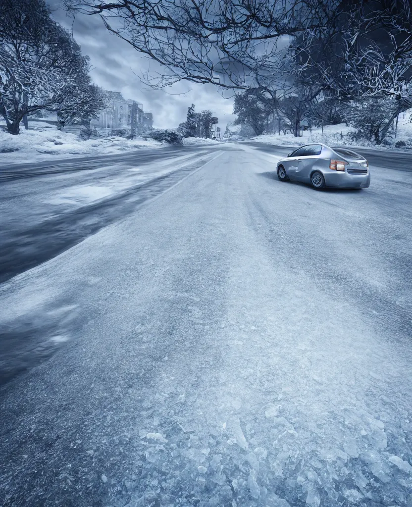 Prompt: Icy road, car perspective, photorealism, 4k