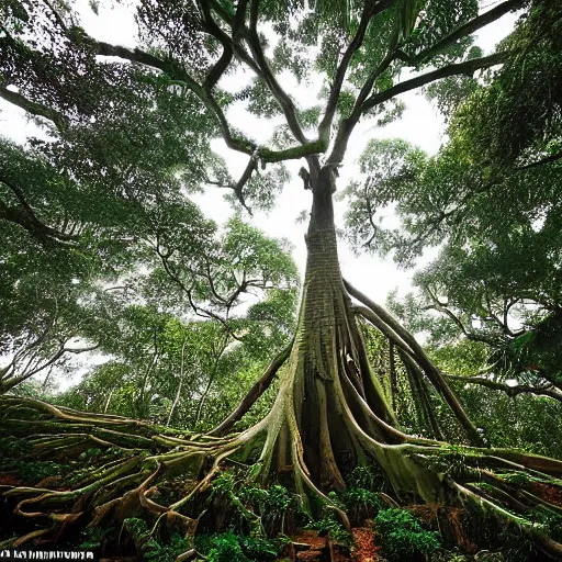 Image similar to The humans live on the edge of extinction, within the canopy layer of a giant banyan tree that covers the continent on the day side of the Earth