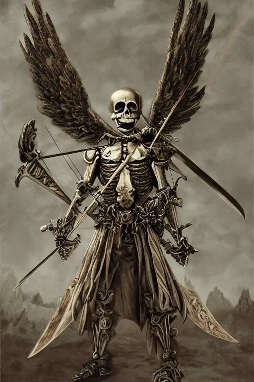 Prompt: portrait of a skeleton archer with big sword, wearing helmets and armor with wings, symmetrical, solemn, sacred, aura, a detailed matte painting by yoshitaka amano