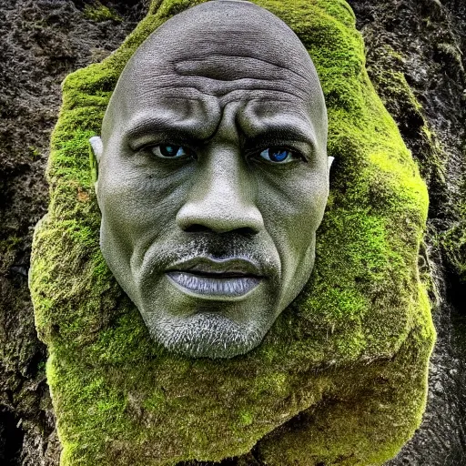 Image similar to a grey mossy rock with the face of dwayne johnson, shot on iphone 1