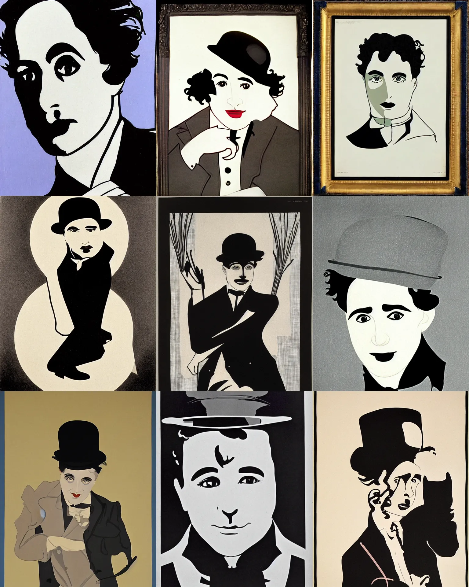 Prompt: charlie chaplin as the tramp, portrait by patrick nagel, 1 9 2 0 s,