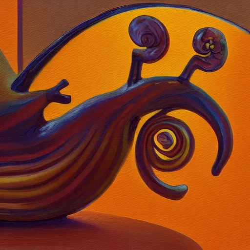 Image similar to snail that’s a cashier, realistic painting, golden hour lighting, 8k