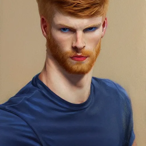 Image similar to 2 4 - year - old man, masculine face, hyper masculine features, very tall and muscular, extremely pale skin, square jaw, ginger hair, sapphire blue eyes, hyper realistic face, beautiful eyes, highly detailed, digital painting, smooth, sharp, strong face, expressive eyes, medium long wavy ginger hair, art by greg rutkowski and alex gray